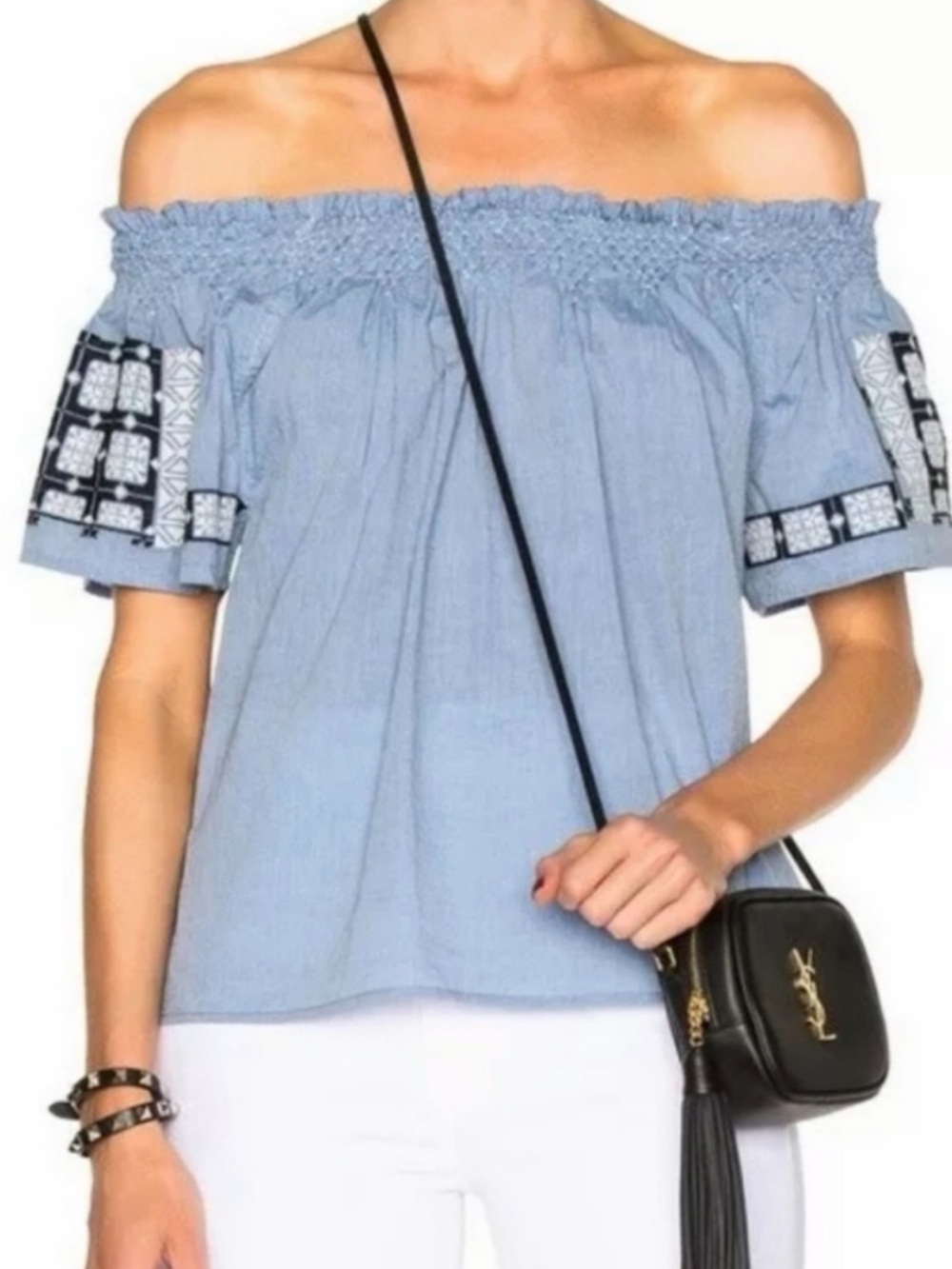 Ulla Johnson Light Blue Off-Shoulder Embroidered Sleeve Top
